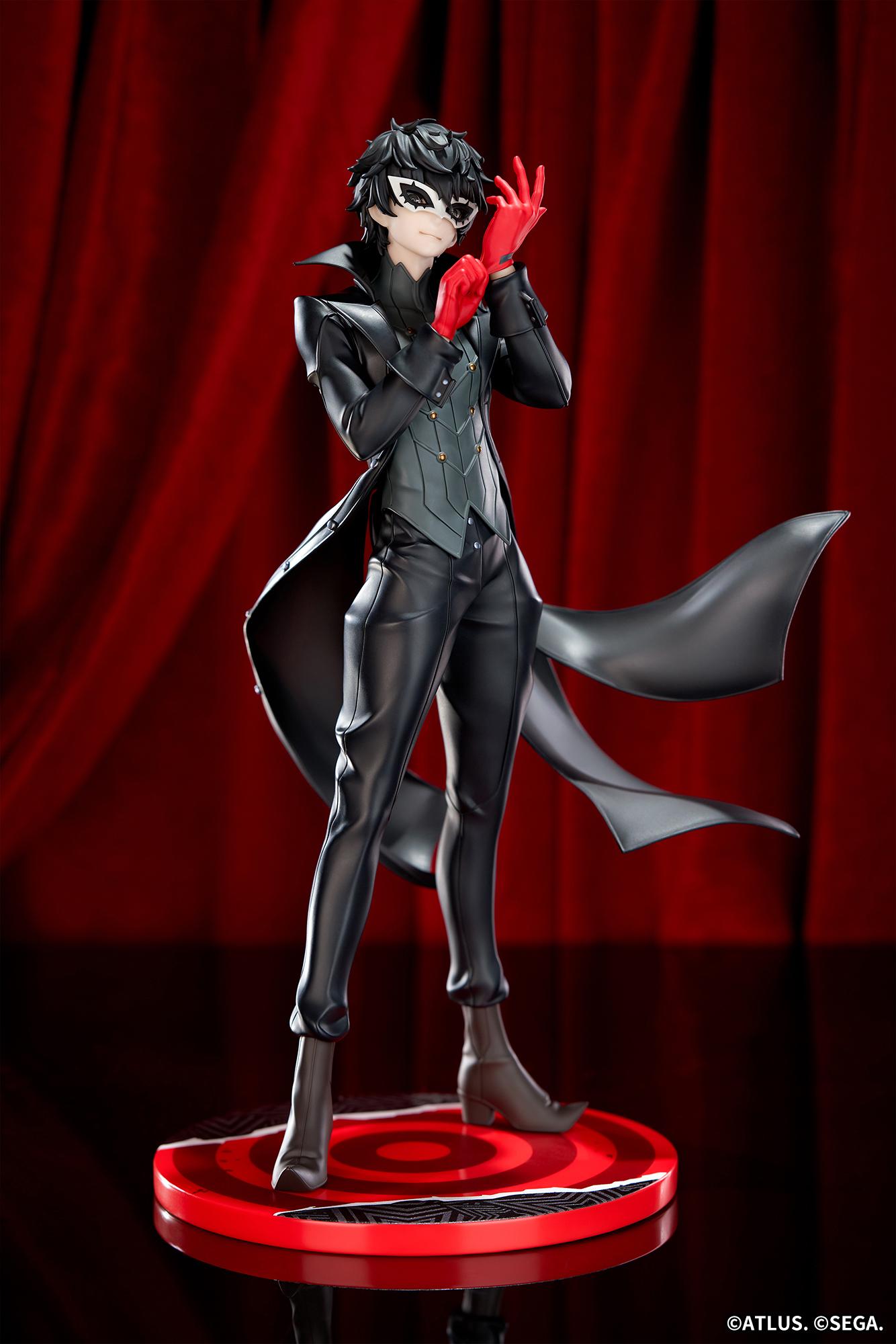 Dramatic promotional showcase of the Apex Joker 1/8 scale figure posed against a rich, deep red velvet theater curtain background.