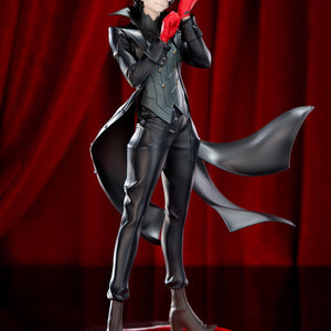 Dramatic promotional showcase of the Apex Joker 1/8 scale figure posed against a rich, deep red velvet theater curtain background.