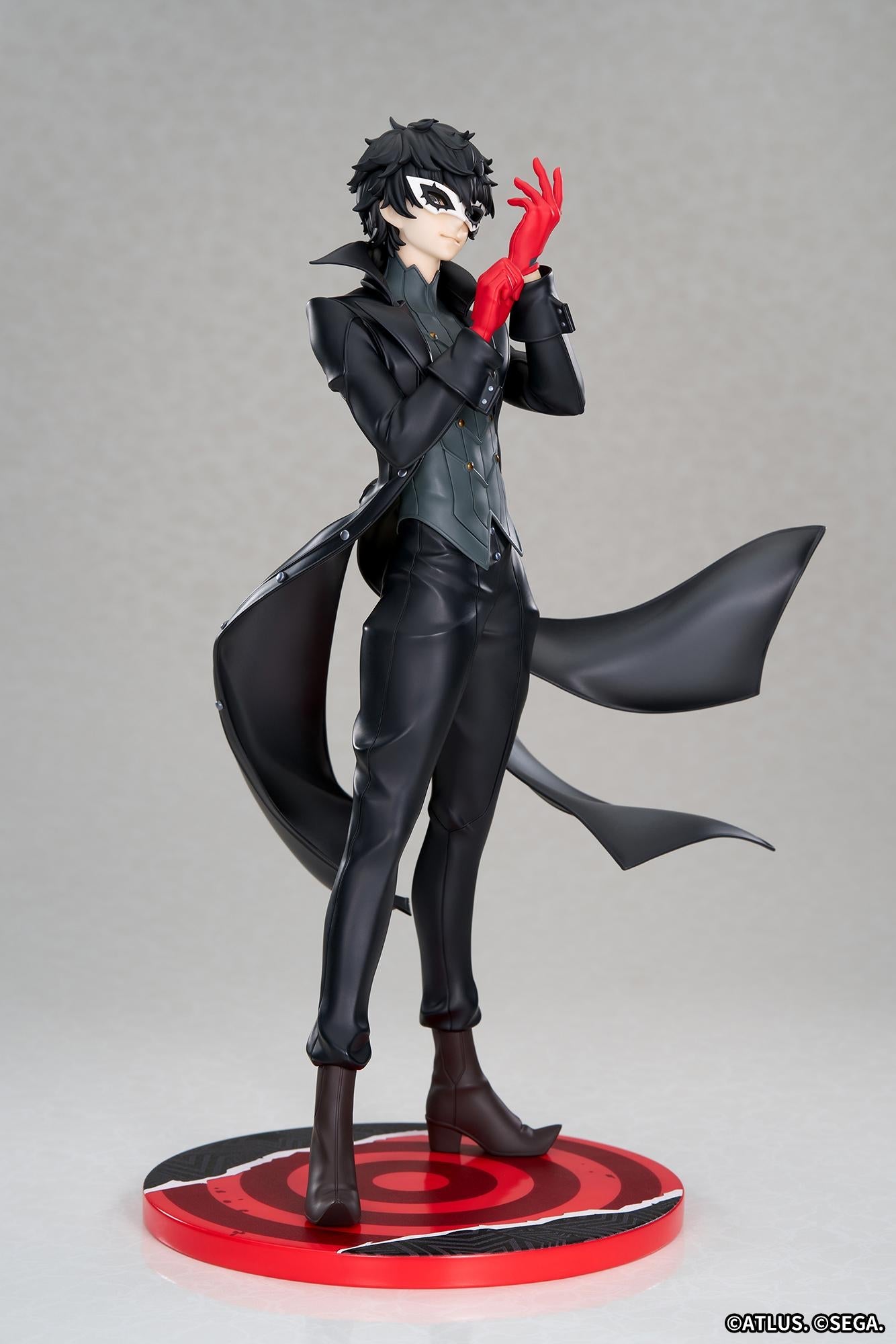 Side-angled full shot of the Apex Limepie series Joker statue, highlighting the dynamic stance and flowing coat from Persona 5 Royal.