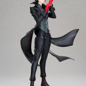 Side-angled full shot of the Apex Limepie series Joker statue, highlighting the dynamic stance and flowing coat from Persona 5 Royal.