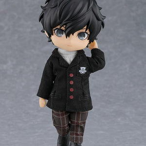 The Persona 5 protagonist Nendoroid Doll in a thoughtful pose adjusting his glasses, showcasing the cloth uniform detail.