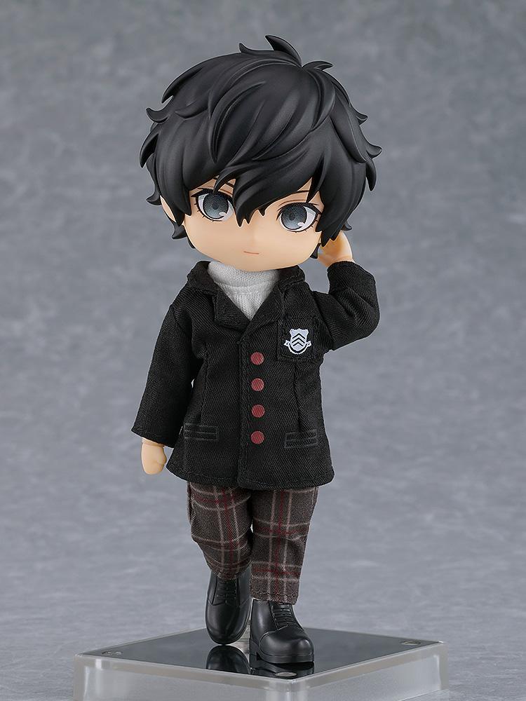 The Persona 5 protagonist Nendoroid Doll in a thoughtful pose adjusting his glasses, showcasing the cloth uniform detail.