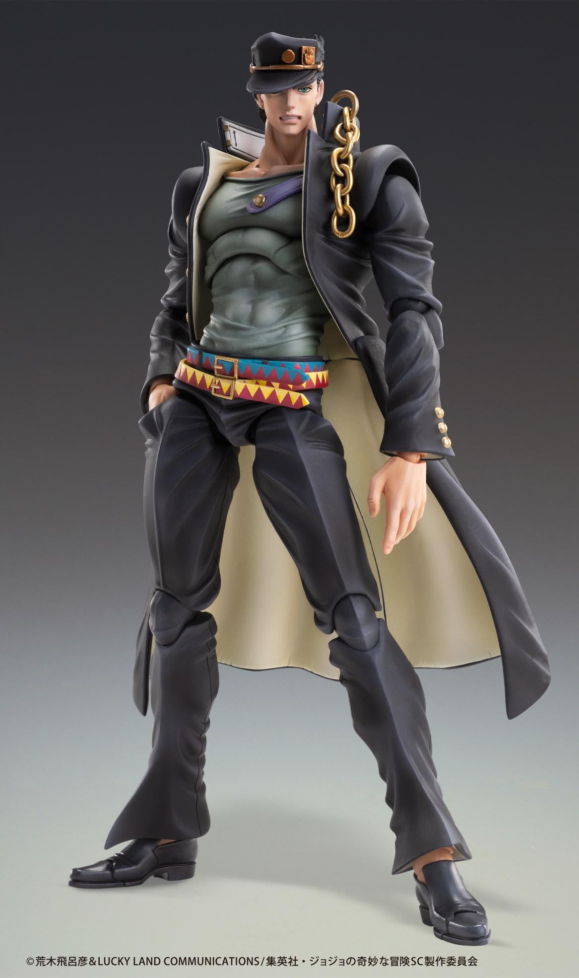 Low-angle front view of Jotaro Kujo Ver.2 Super Action Statue figure with open long coat.