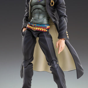 Low-angle front view of Jotaro Kujo Ver.2 Super Action Statue figure with open long coat.