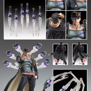 Parts breakdown display showing interchangeable hands, face plates, punch effects, and stand assembly for Jotaro Kujo Ver.2.