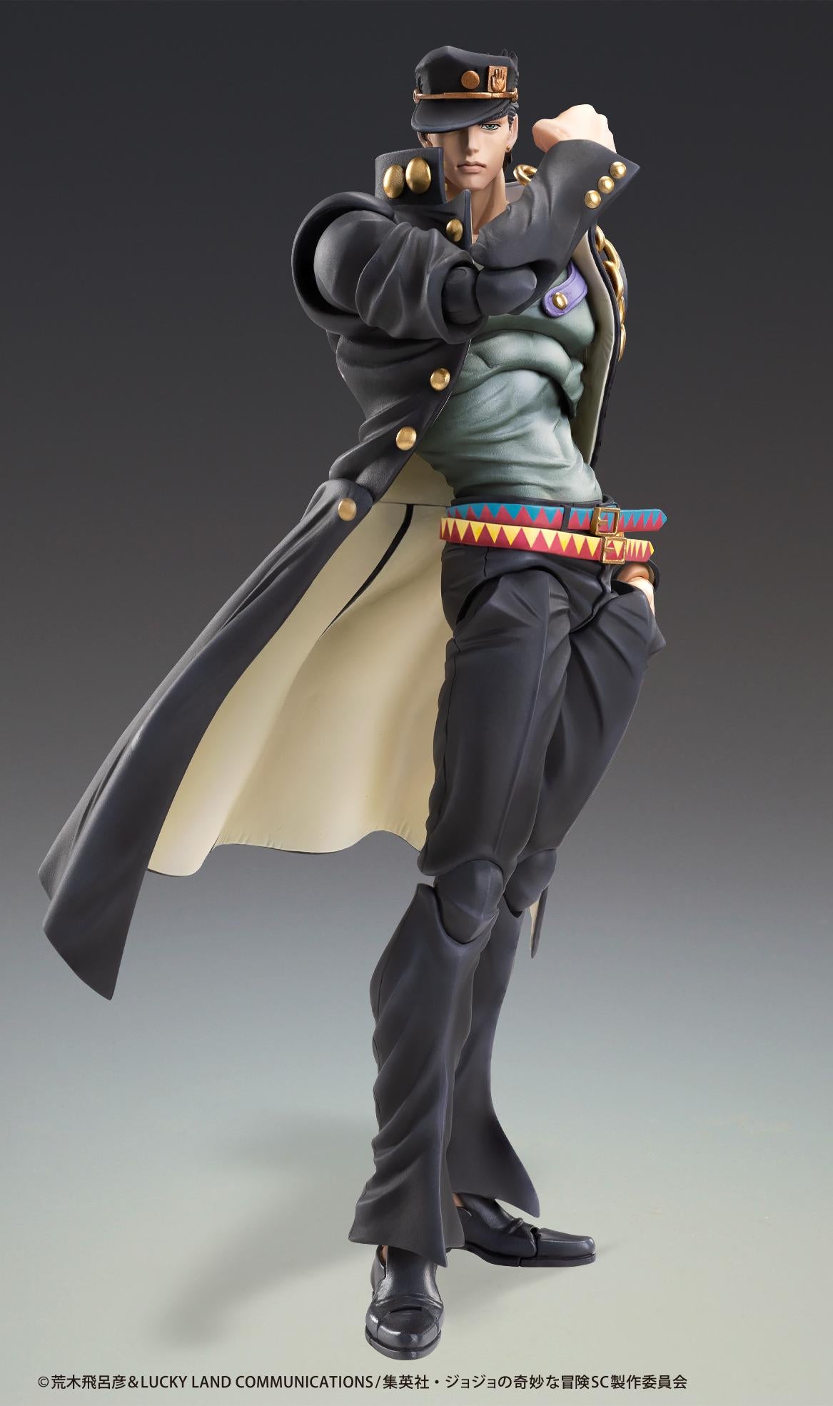 Angled stance of Medicos Jotaro Kujo Ver.2 action figure glancing to the side with coat blowing back.