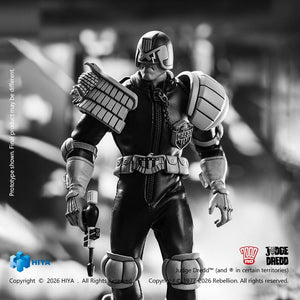 Close-up view of the 1/12 scale Judge Dredd monochrome figure highlighting the eagle shoulder armor, Dredd badge, and helmet sculpt.