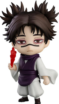 Nendoroid Choso reissue anime figure from Jujutsu Kaisen wearing a purple vest and white robe while holding a crimson blood manipulation effect accessory.