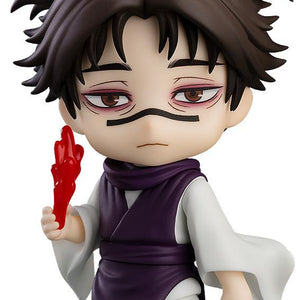 Nendoroid Choso reissue anime figure from Jujutsu Kaisen wearing a purple vest and white robe while holding a crimson blood manipulation effect accessory.