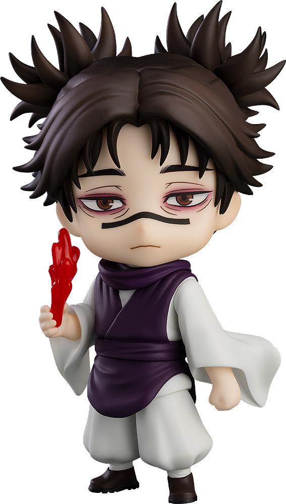 Nendoroid Choso reissue anime figure from Jujutsu Kaisen wearing a purple vest and white robe while holding a crimson blood manipulation effect accessory.