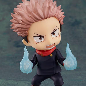 Jujutsu Kaisen Nendoroid figure with an intense shouting face plate and translucent blue cursed energy flame effects attached to both hands.