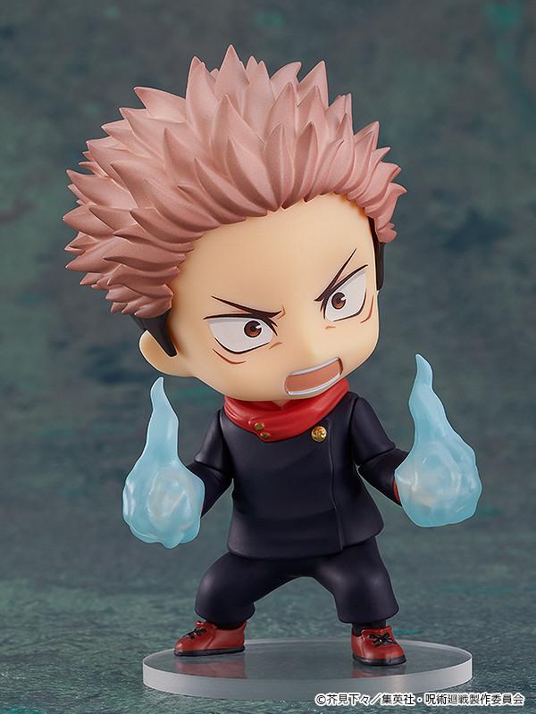 Jujutsu Kaisen Nendoroid figure with an intense shouting face plate and translucent blue cursed energy flame effects attached to both hands.