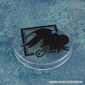 Overhead shot of the custom clear round Nendoroid display base featuring a printed black graphic icon silhouette of a hand and a stylized cursed spirit ball.