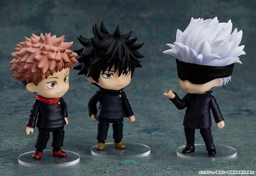 Satoru Gojo Nendoroid figure displayed side-by-side on clear bases with matching Yuji Itadori and Megumi Fushiguro Nendoroids.