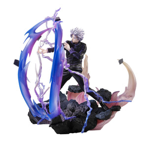 Side profile of the Satoru Gojo Kyoshiki Murasaki version DX figure showing the dynamic rubble base and energy ring.