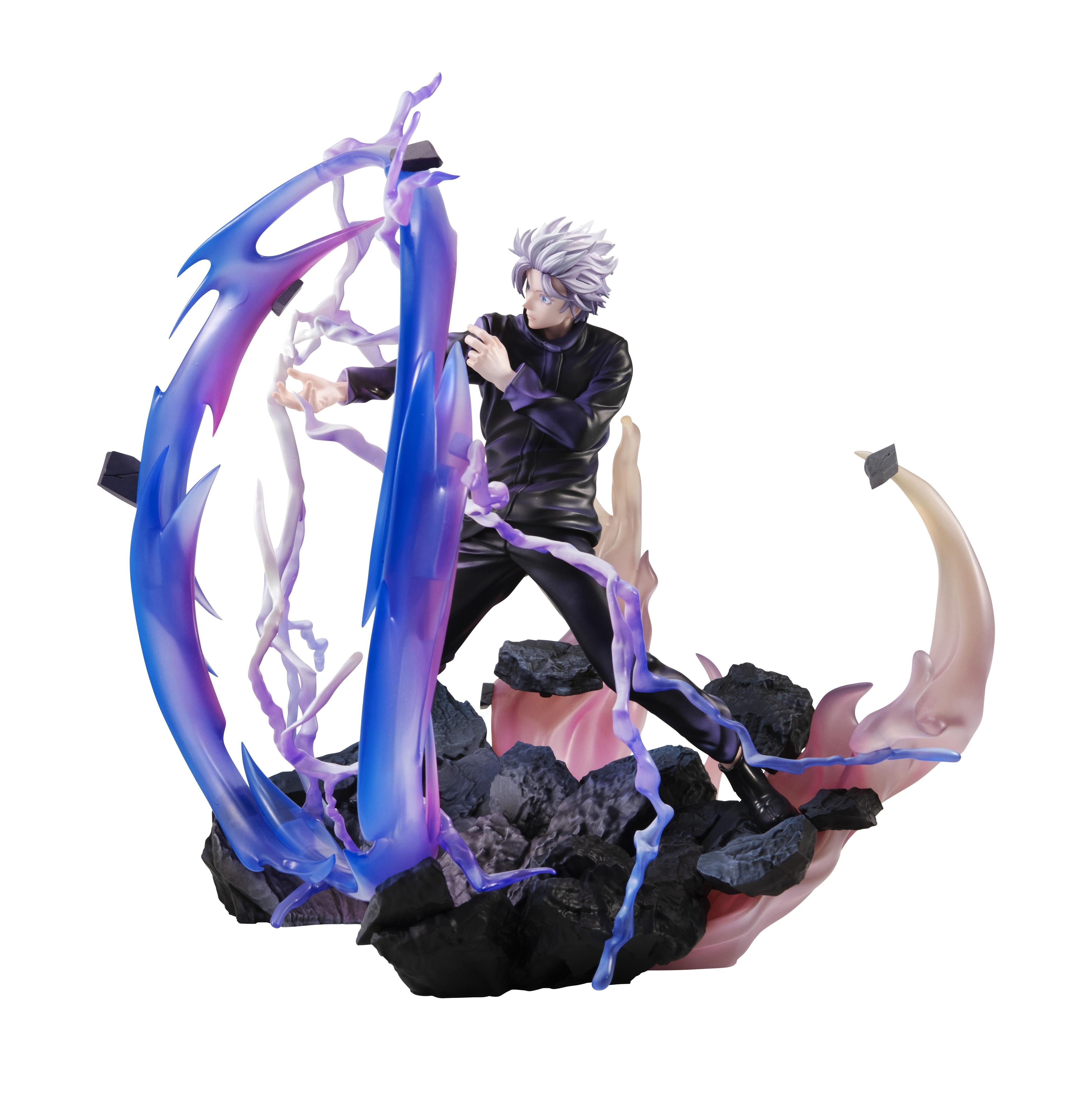 Side profile of the Satoru Gojo Kyoshiki Murasaki version DX figure showing the dynamic rubble base and energy ring.