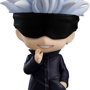 Nendoroid Satoru Gojo reissue anime figure from Jujutsu Kaisen wearing his signature black eye mask and dark blue high collar uniform jacket.