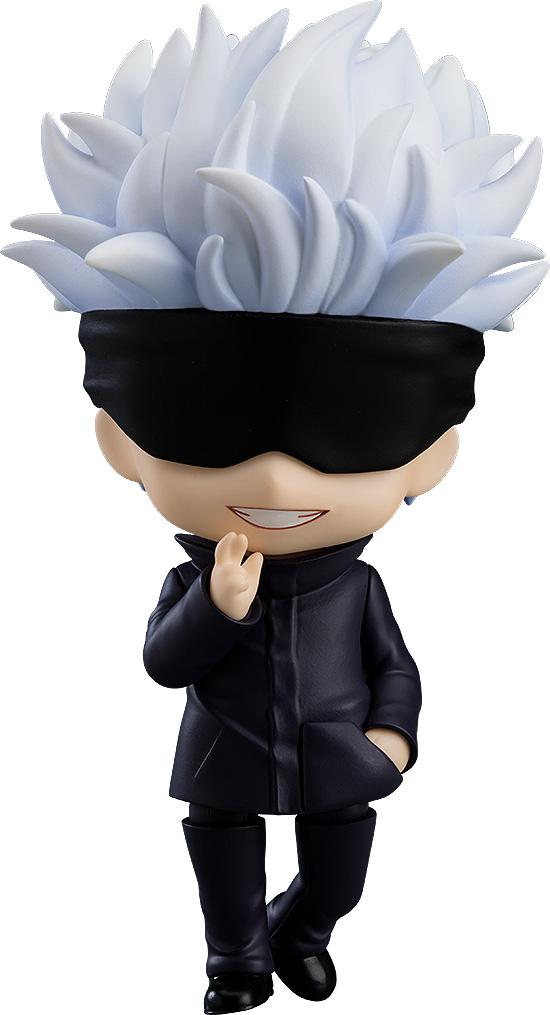 Nendoroid Satoru Gojo reissue anime figure from Jujutsu Kaisen wearing his signature black eye mask and dark blue high collar uniform jacket.