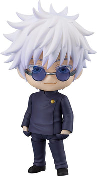 Close-up front view of the Jujutsu Kaisen Satoru Gojo Tokyo Jujutsu High School version Nendoroid figure showing his spiky white hair, dark blue sunglasses, and navy uniform.