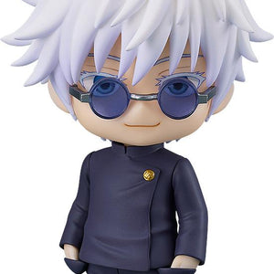 Close-up front view of the Jujutsu Kaisen Satoru Gojo Tokyo Jujutsu High School version Nendoroid figure showing his spiky white hair, dark blue sunglasses, and navy uniform.