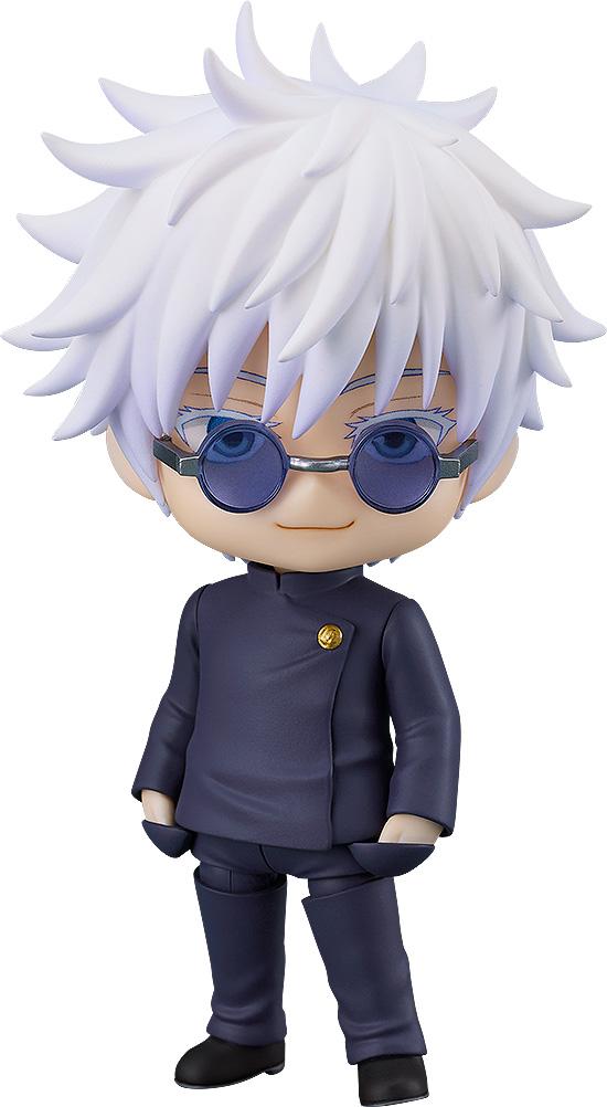 Close-up front view of the Jujutsu Kaisen Satoru Gojo Tokyo Jujutsu High School version Nendoroid figure showing his spiky white hair, dark blue sunglasses, and navy uniform.