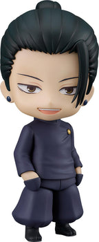 Close-up front view of the Jujutsu Kaisen Suguru Geto Tokyo Jujutsu High School version Nendoroid figure showing his dark hair in a topknot, asymmetrical bangs, and a small smile.
