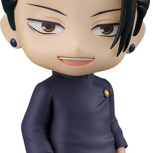 Close-up front view of the Jujutsu Kaisen Suguru Geto Tokyo Jujutsu High School version Nendoroid figure showing his dark hair in a topknot, asymmetrical bangs, and a small smile.