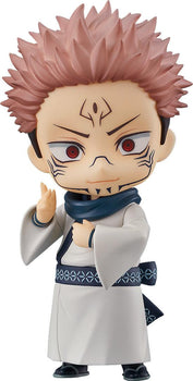 Nendoroid Sukuna reissue anime figure from Jujutsu Kaisen wearing a light white kimono robe and dark blue scarf with a smirking expression.