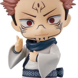 Nendoroid Sukuna reissue anime figure from Jujutsu Kaisen wearing a light white kimono robe and dark blue scarf with a smirking expression.