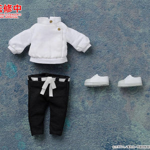 Flat lay view of Yuta Okkotsu Nendoroid Doll outfit accessories including white top, black tied pants, and magnetic shoes