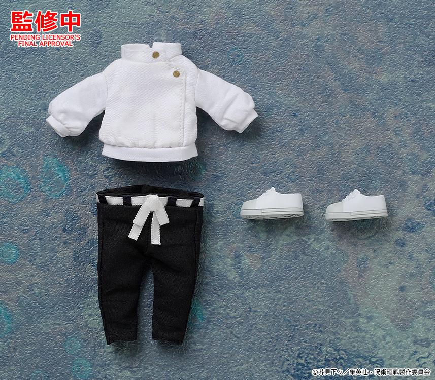 Flat lay view of Yuta Okkotsu Nendoroid Doll outfit accessories including white top, black tied pants, and magnetic shoes