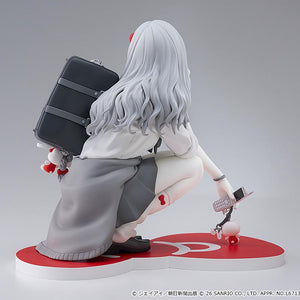 Rear studio view of the Gyaru Tomie x Hello Kitty figure showcasing her flowing silver-grey hair, school backpack, and sweater tied at her waist.