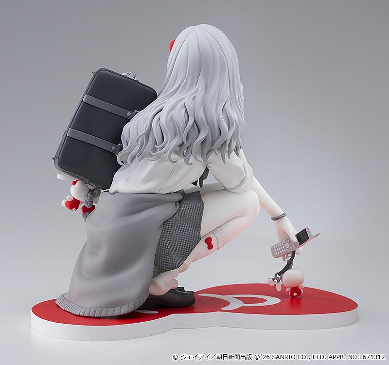 Rear studio view of the Gyaru Tomie x Hello Kitty figure showcasing her flowing silver-grey hair, school backpack, and sweater tied at her waist.
