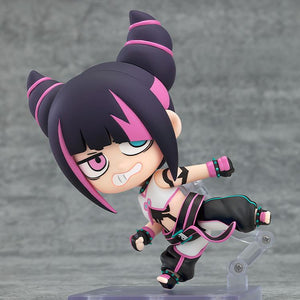 Dynamic kicking pose of Juri-chan Nendoroid, recreating her brawling style from the Street Fighter spin-off.