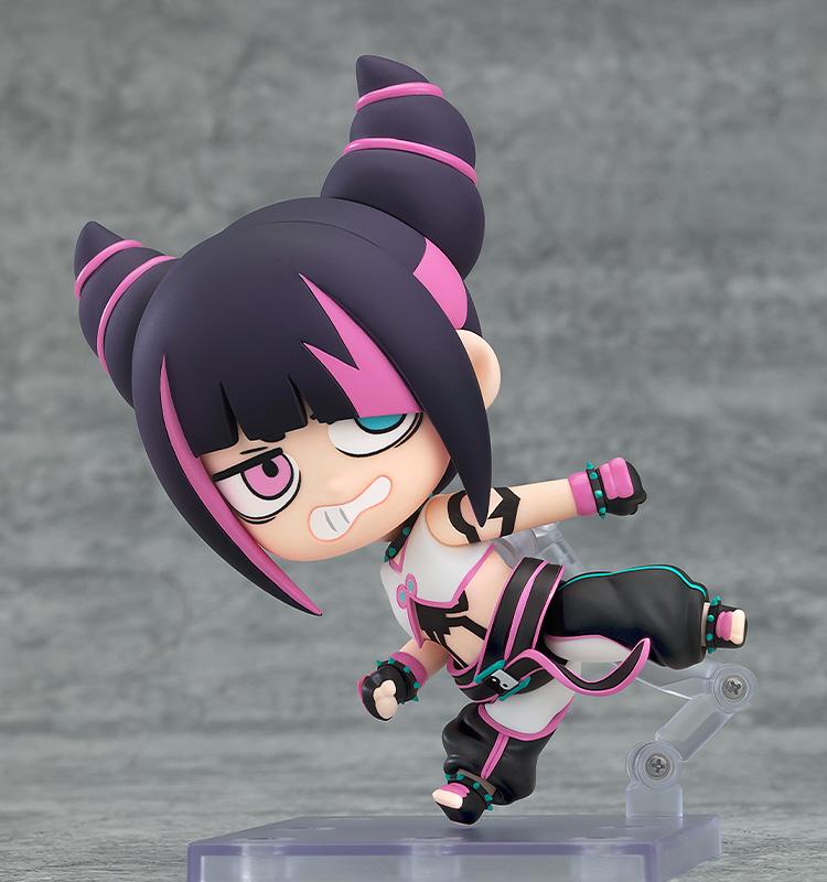 Dynamic kicking pose of Juri-chan Nendoroid, recreating her brawling style from the Street Fighter spin-off.