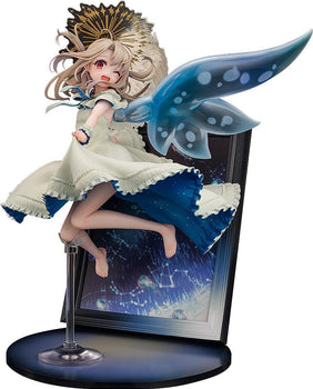 Full frontal view of the KADOKAWA Illyasviel Von Einzbern 15th Anniversary 1/7 Scale Figure, winking and jumping out of a photo frame base with clear wings.