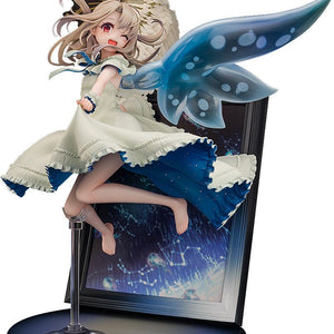 Full frontal view of the KADOKAWA Illyasviel Von Einzbern 15th Anniversary 1/7 Scale Figure, winking and jumping out of a photo frame base with clear wings.