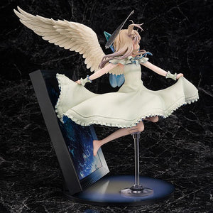 Rear view of the Illyasviel figure, emphasizing the sculpted white angel wings and the motion of her dress as she floats.