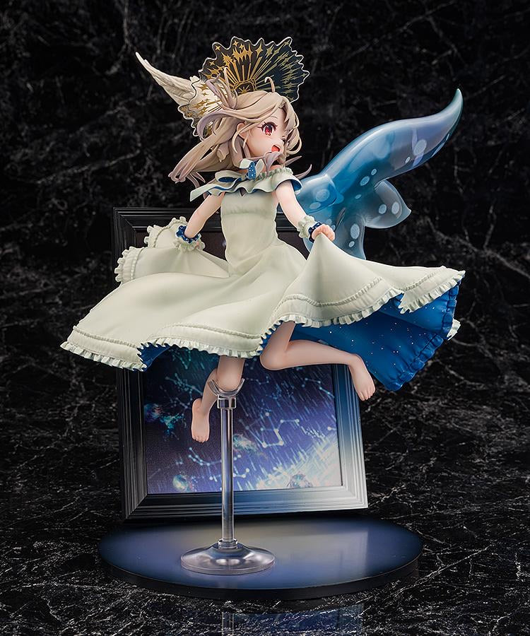 Three-quarter view of the Illyasviel figure, showing her playfully pulling up her dress skirt over the dark, cosmic photo frame base.