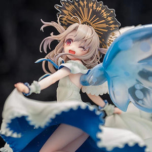 A close-up of the Illyasviel figure, focusing on her cheerful, open-mouthed expression and the highly detailed sculpt of her fluttering dress.
