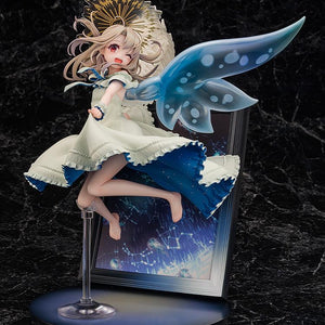 The Illyasviel Von Einzbern figure in a dynamic leaping pose, highlighting the translucent blue wings and white, flowing dress.