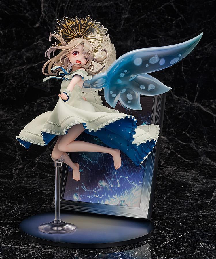 The Illyasviel Von Einzbern figure in a dynamic leaping pose, highlighting the translucent blue wings and white, flowing dress.