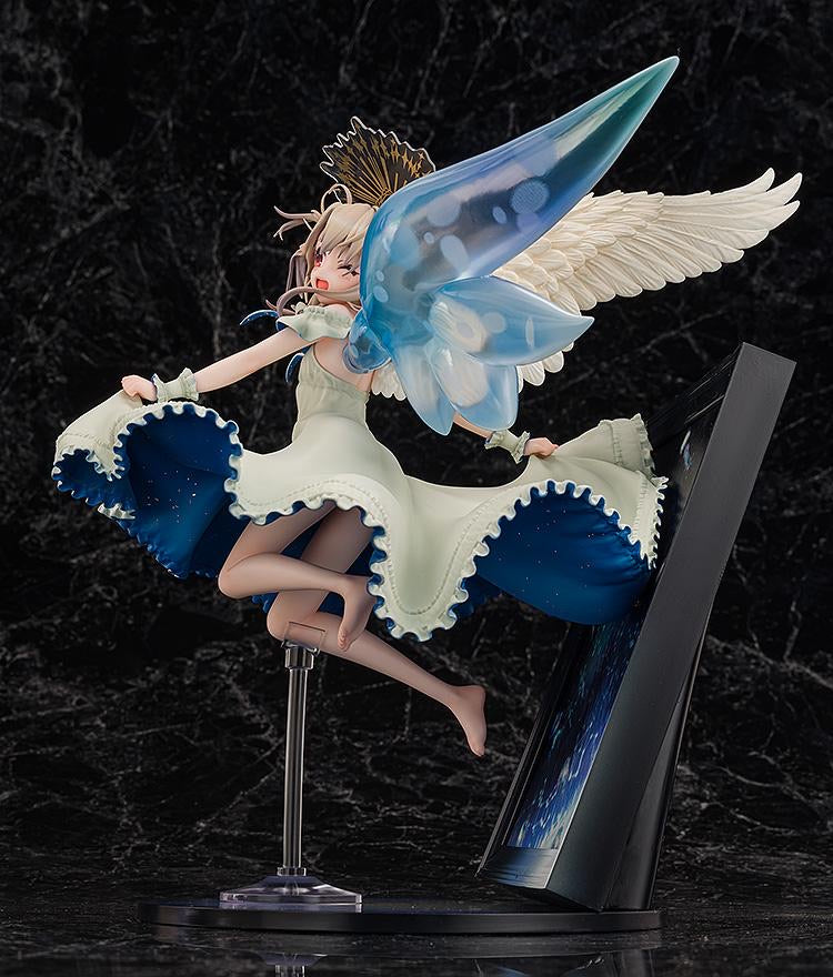 Side profile of the Illyasviel figure, showing the ethereal blue wings and the angelic sculpt of her hair and dress.