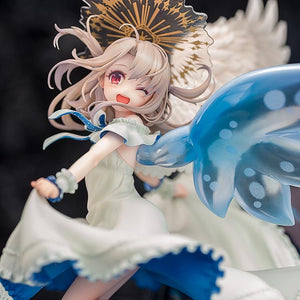 A close-up of the Illyasviel figure's face, showcasing her cute winking expression and the elaborate halo-like accessory in her hair.