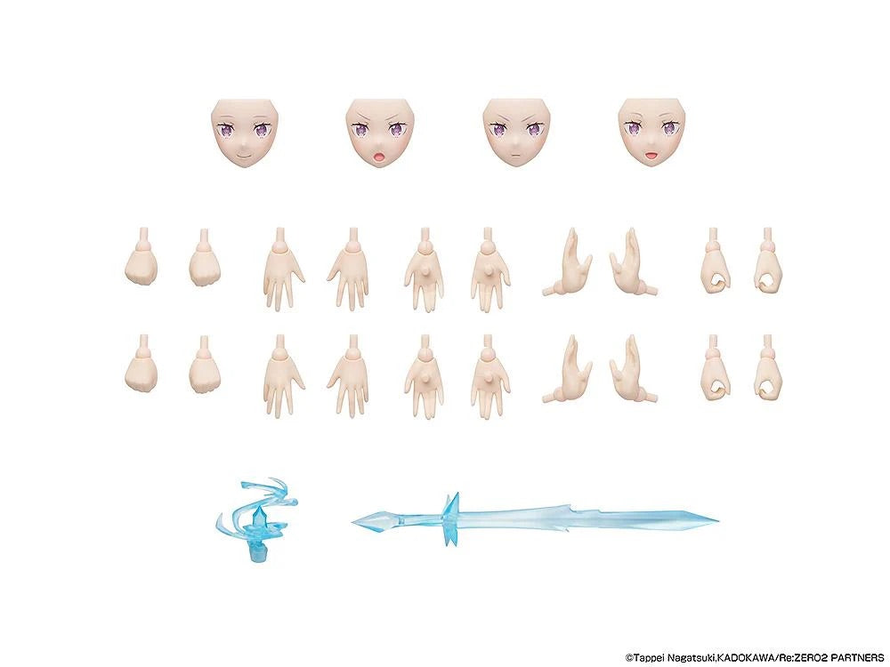 A display sheet showing all the swappable accessories, including the four face plates, interchangeable hands, the ice sword, and the magic effect part.