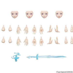 A display sheet showing all the swappable accessories, including the four face plates, interchangeable hands, the ice sword, and the magic effect part.