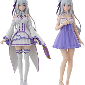 Full frontal view of the KADOKAWA Emilia DX Ver. Plastic Model Kit, showing both the Regular and Swimsuit figures side-by-side.