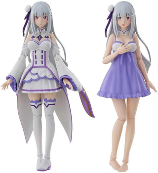 Full frontal view of the KADOKAWA Emilia DX Ver. Plastic Model Kit, showing both the Regular and Swimsuit figures side-by-side.