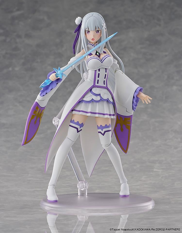 Emilia figure in her regular outfit, posed dramatically while holding the translucent blue Ice Sword accessory.