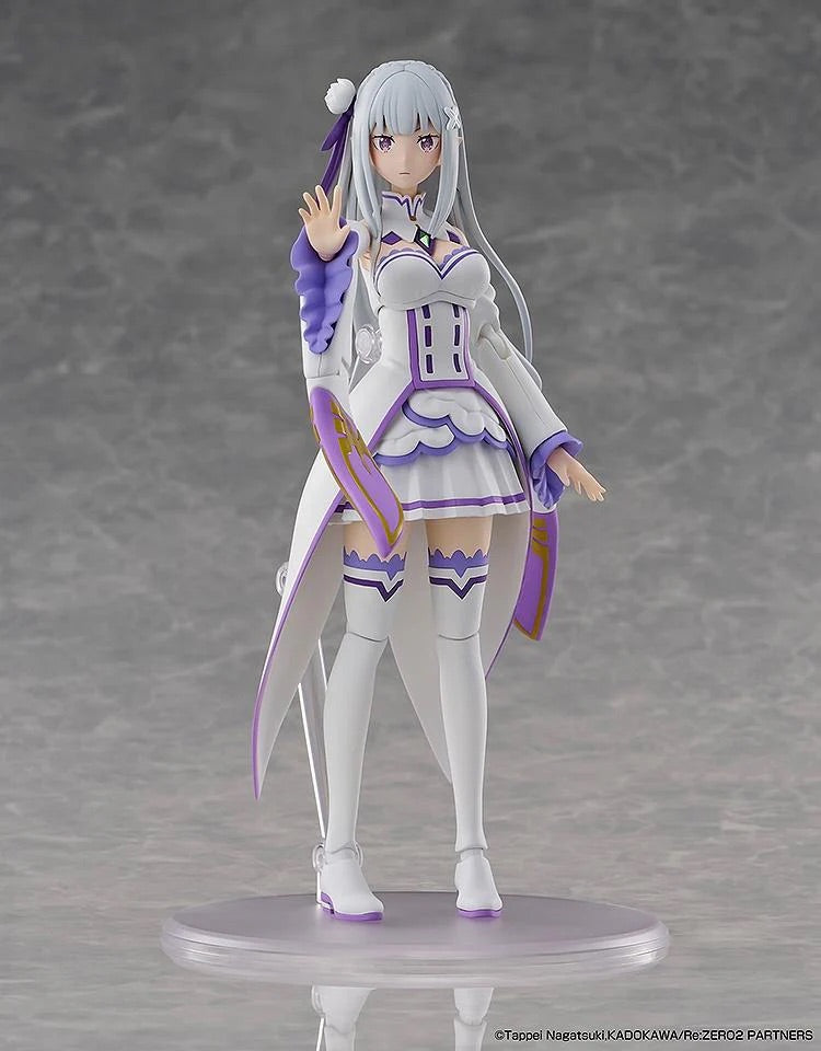 The Emilia figure in her regular outfit, posed with one hand raised, ready to unleash ice magic.